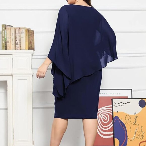 KIMCURVY Plus Size Cape Pencil Dress with Chiffon Overlay Midi Dress (Navy, 20W) - Picture 4 of 5